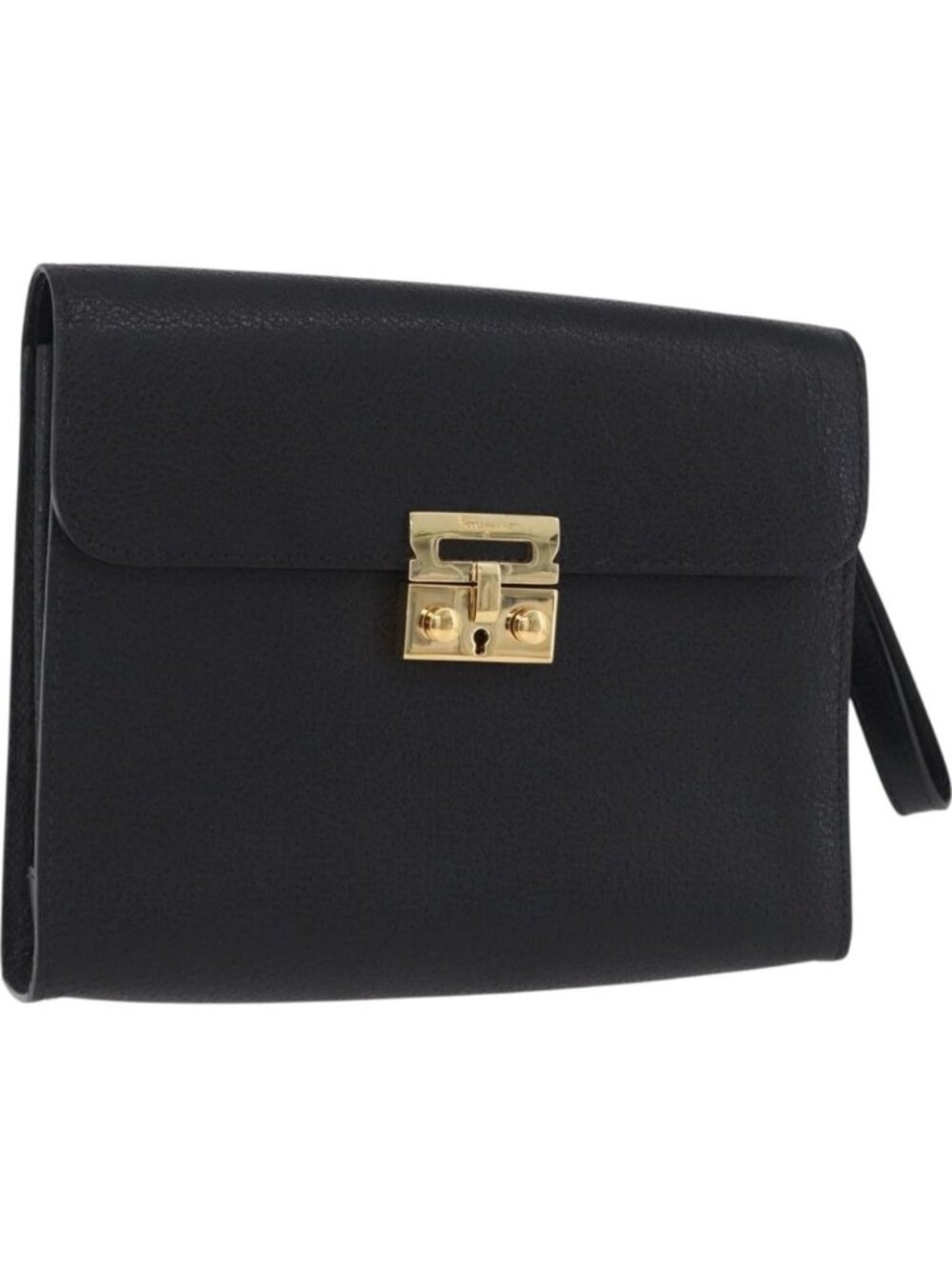 Salvatore Ferragamo Clutch Bag Leather Black Gold Tone